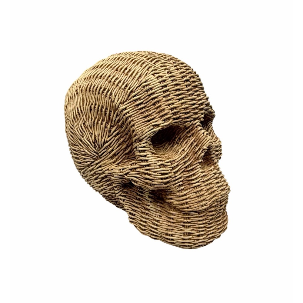 Resin Skull Tabletop Halloween Decoration - Faux Brown Rattan Wicker Bohemian